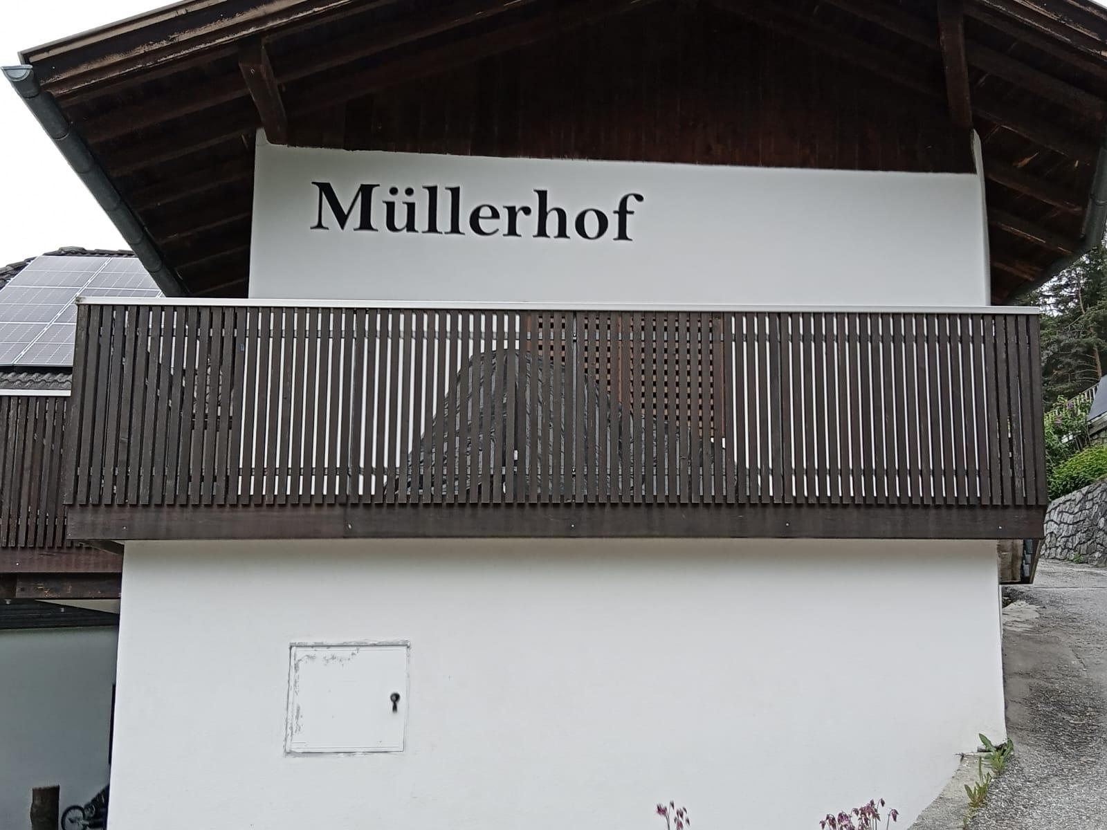 Balkon mit dunkel gestrichenen Lärchenstäben und rechteckigem Inox-Handlauf (120x50 mm)